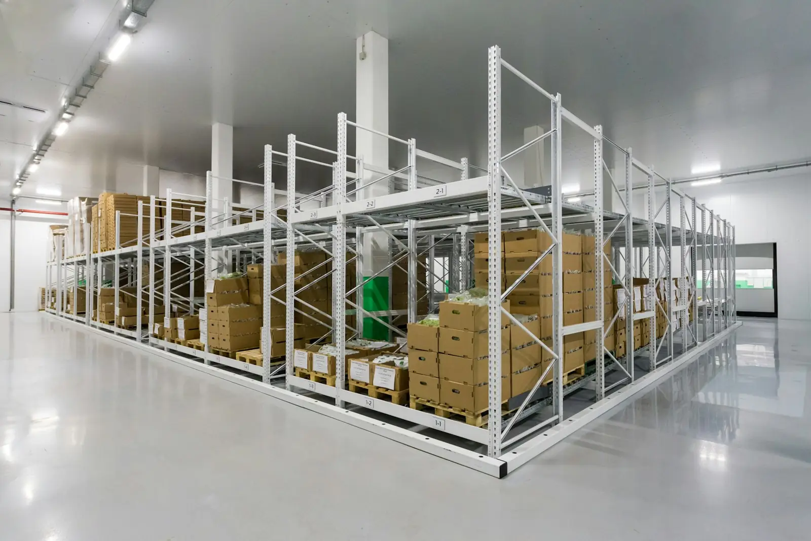 Clean, brightly lit storage room with white shelving and cartons